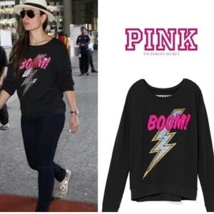 PINK Victorias Secret Black Sequined Boom Sweatshirt Top Size Small